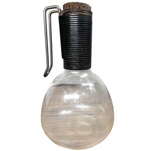 Vintage Pyrex Glass Decanter Black Ribbed Neck Metal Handle Cork Stopper MCM